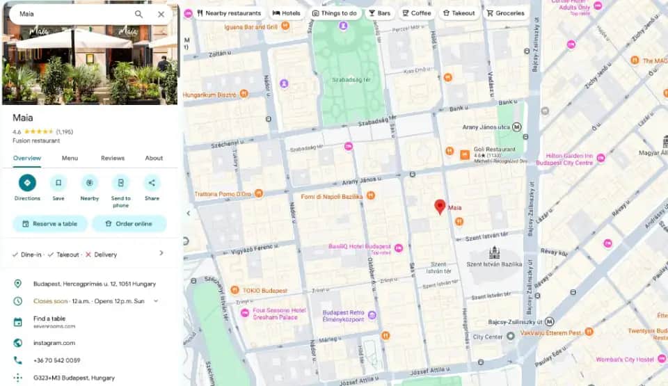 Google Maps business profile and map pin for a restaurant in local search
