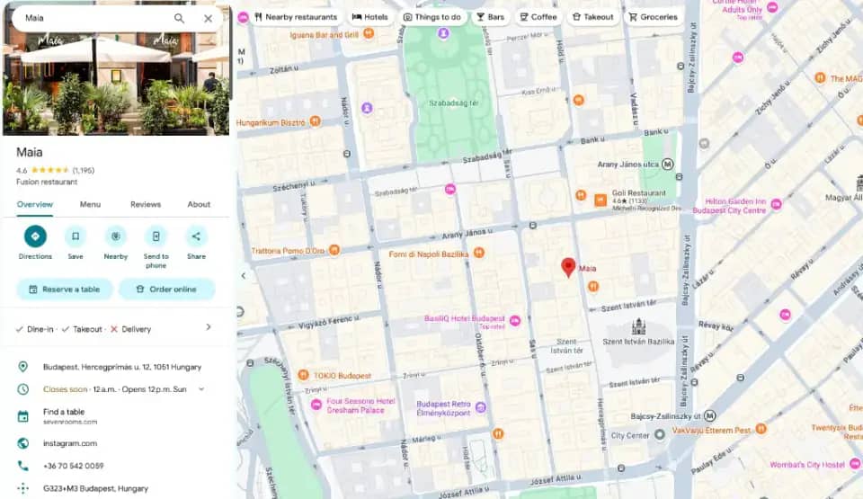 Google Maps business profile and map pin for a restaurant in local search