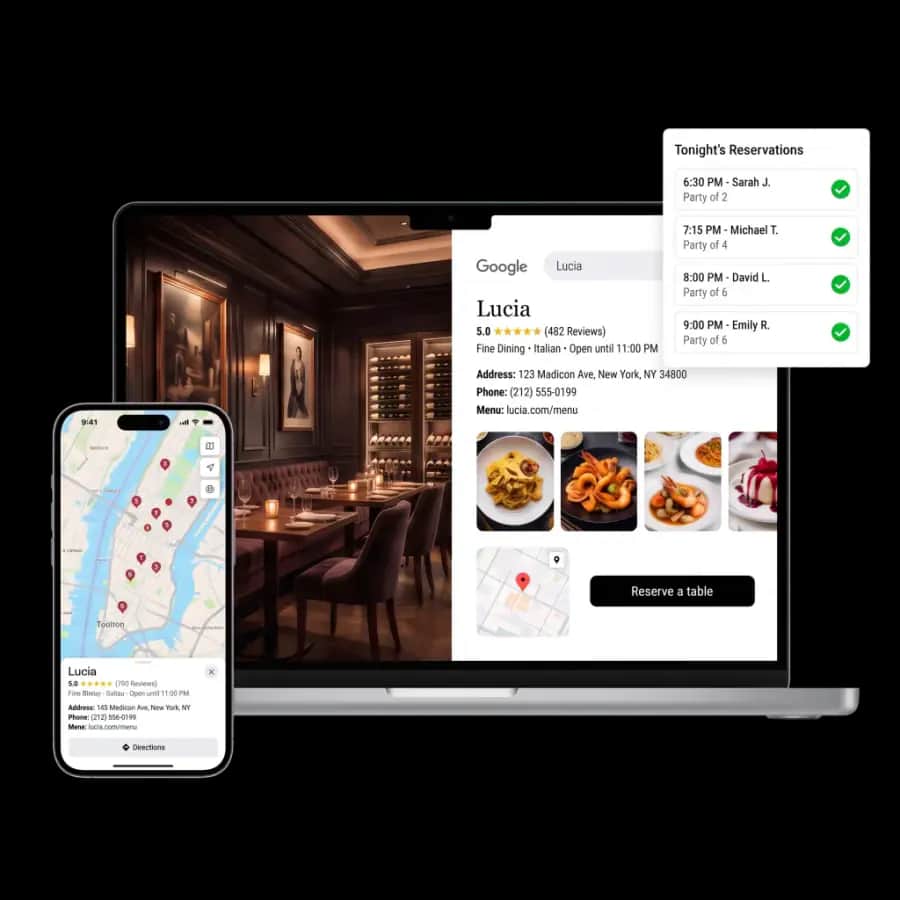 Laptop and phone showing Google restaurant listing, Maps, and tonight’s reservations