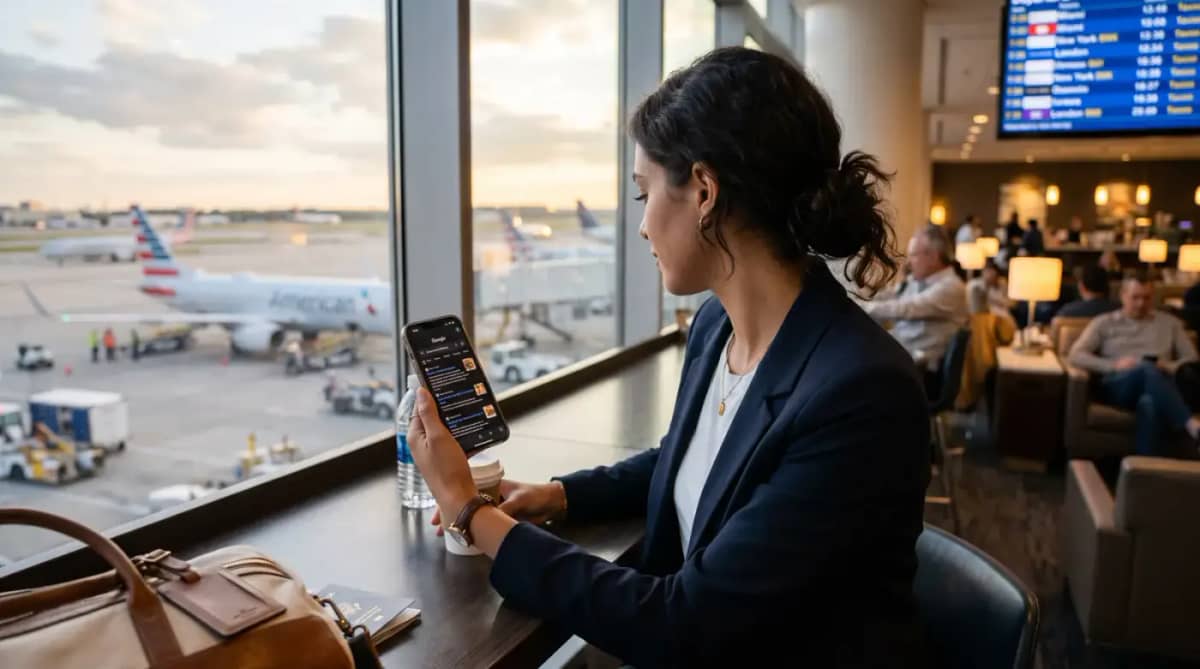Traveler in an airport lounge searching top restaurants Miami on a phone