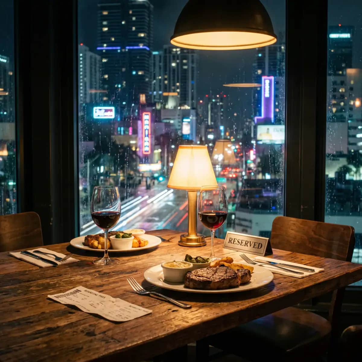 Plated steak and wine at a Miami restaurant table at night