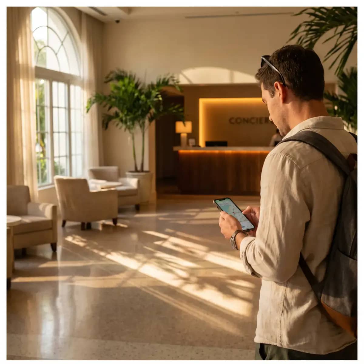 Traveler in a Miami hotel lobby checking dinner options on a phone