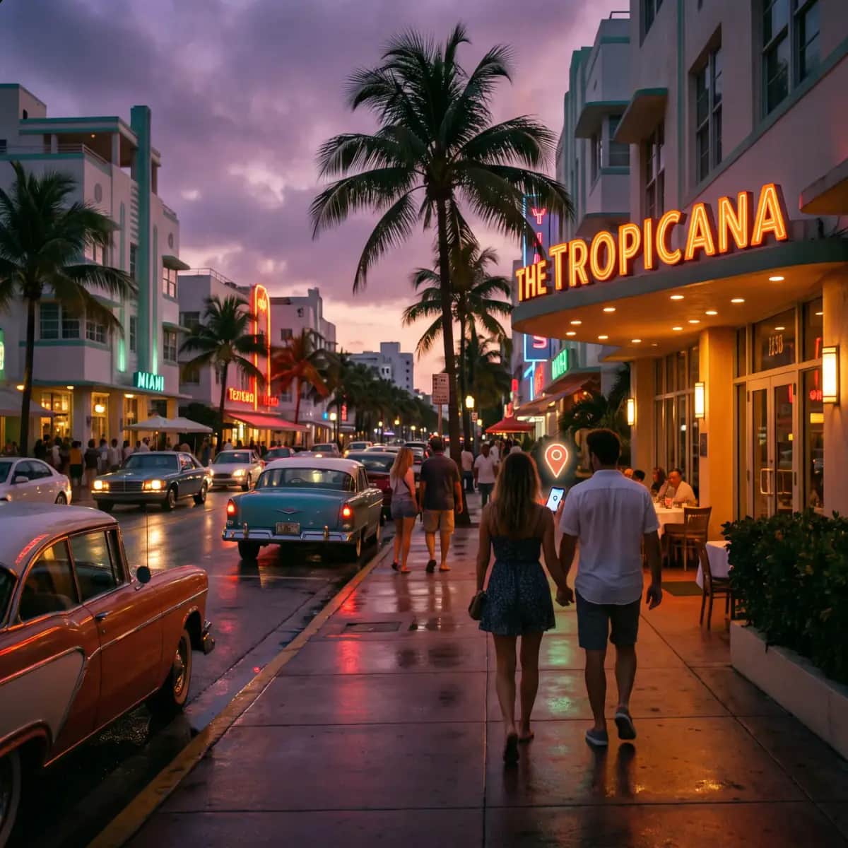 Couple walking toward a restaurant entrance in Miami Beach at dusk